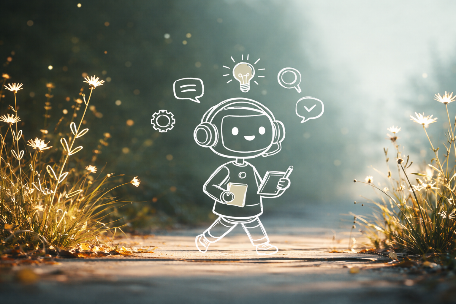En vänlig tecknad AI-figur går längs en solbelyst stig i naturen, omgiven av symboler för idéer, kommunikation och lärande.
