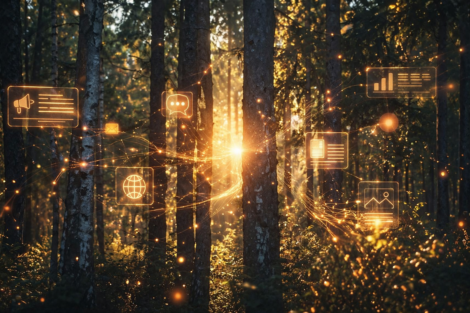 En skogsmiljö med solljus genom träden kombineras med digitala nätverk, informationsikoner och ljuslinjer som symboliserar kommunikation och AI.