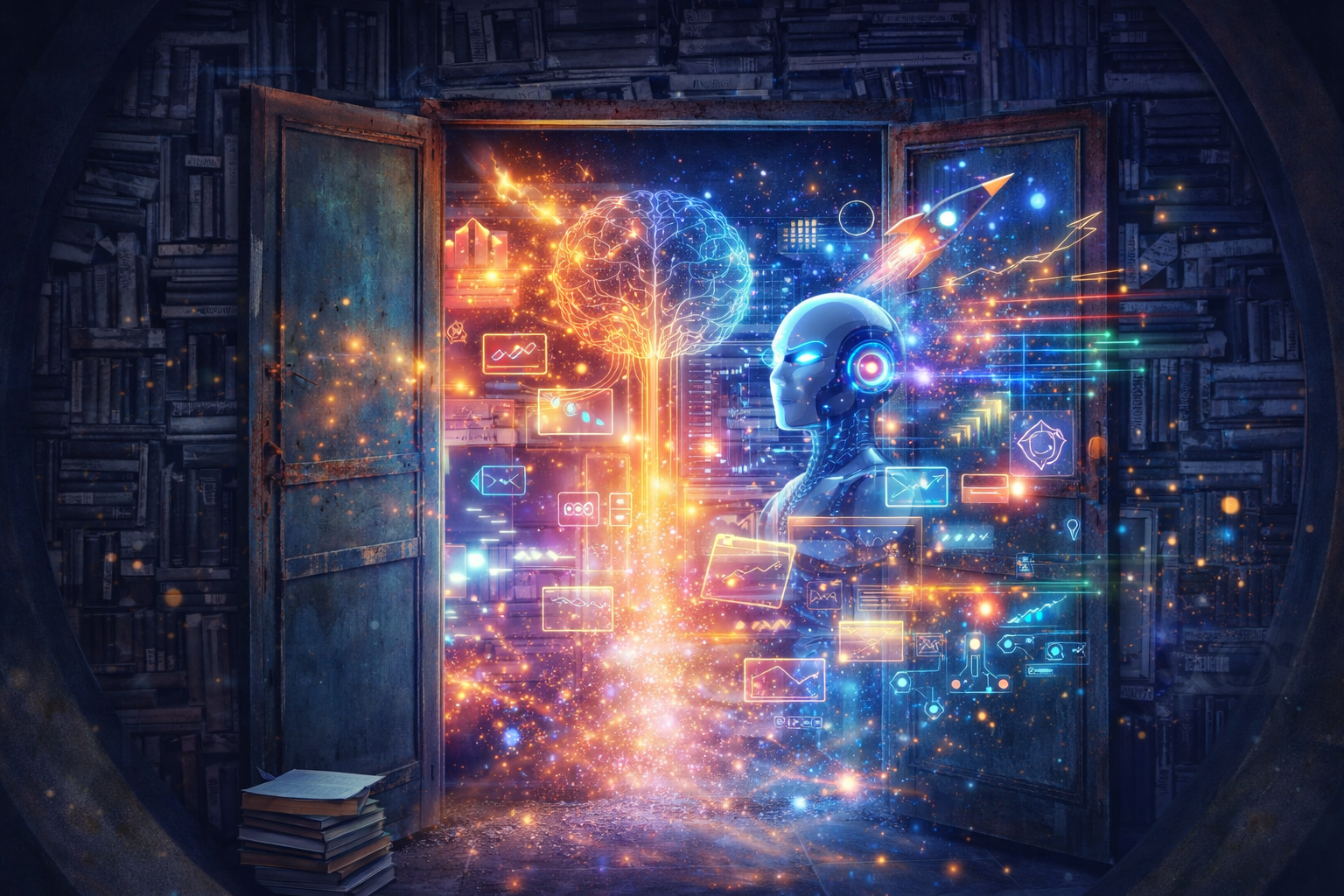 Öppna gamla dörrar i ett bibliotek avslöjar en lysande digital värld med AI-symboler, dataflöden och futuristiska element i varma höstfärger.