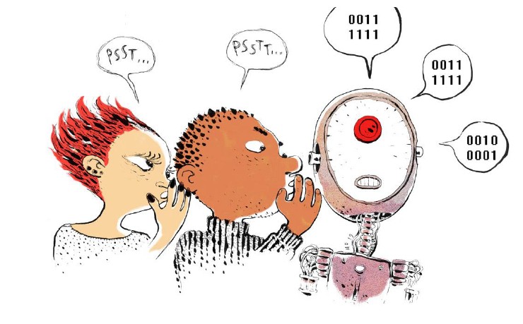 två människor berättar hemligheter till en robott.