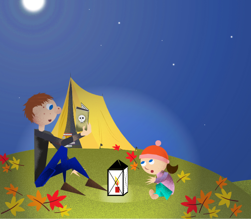 Tonåriga Åke läser högt en höstkväll ute framför ett tält för ett barn ur en bok med en dödsskalle på pärmen. 