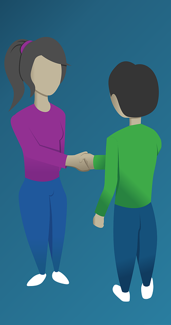 Tietokoneella tehty piirros, jossa kaksi aikuista ihmishahmoa kättelee.
