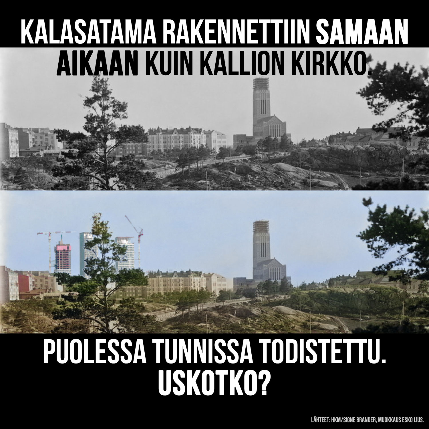 Kuvamuokkaus, jossa 100 vuotta sitten rakenteilla oleva Kallion kirkko ja Kalasataman kaupunginosa näyttäisivät nousevan yhtaikaa.