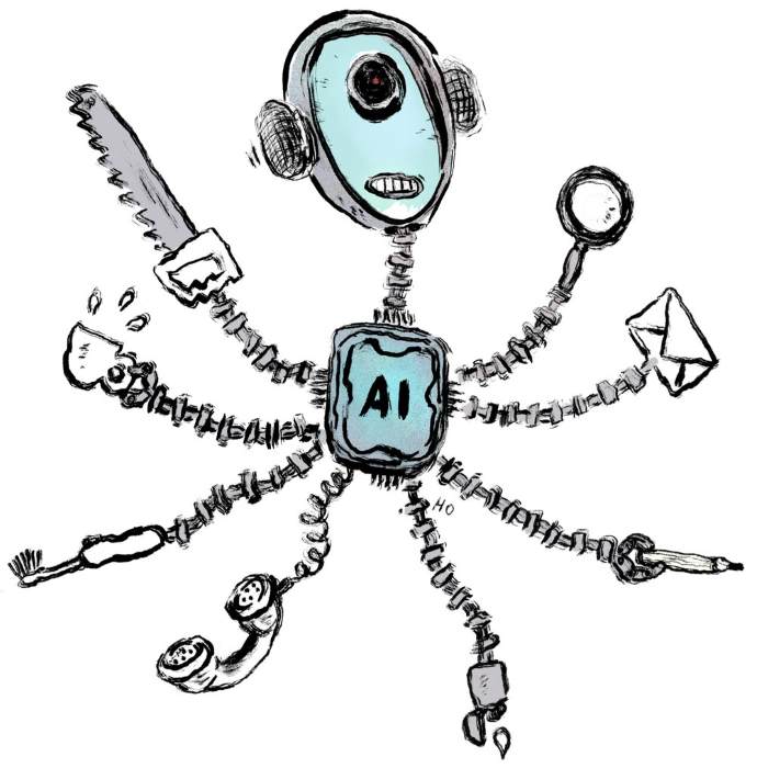 Tecknad figur med AI-symbol i mitten och åtta armar som slutar i olika verktyg.