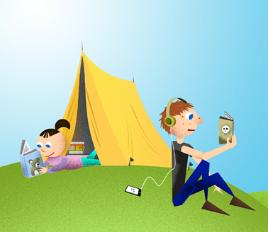 Åke läser framför ett tält